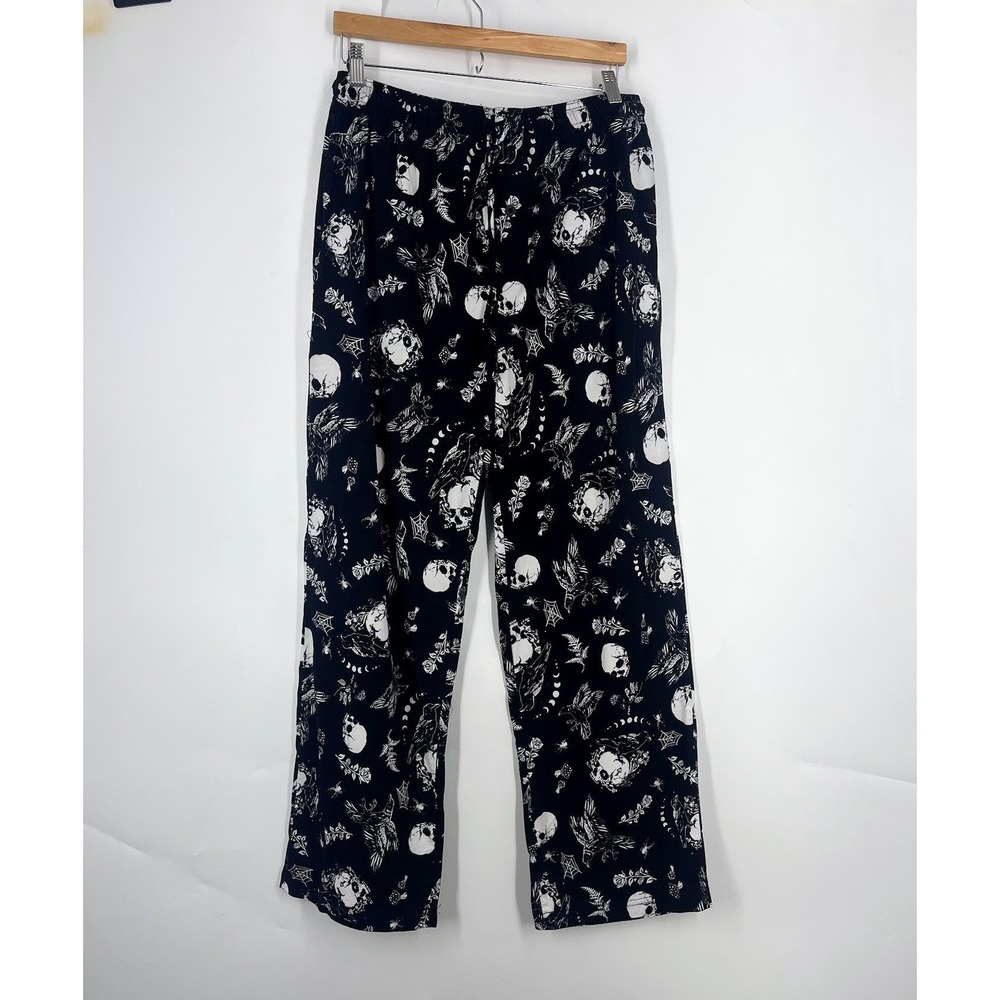 Midnight Hour Womens Goth Pajama Pants Skull Raven Moon Print Lounge Pants SZ L